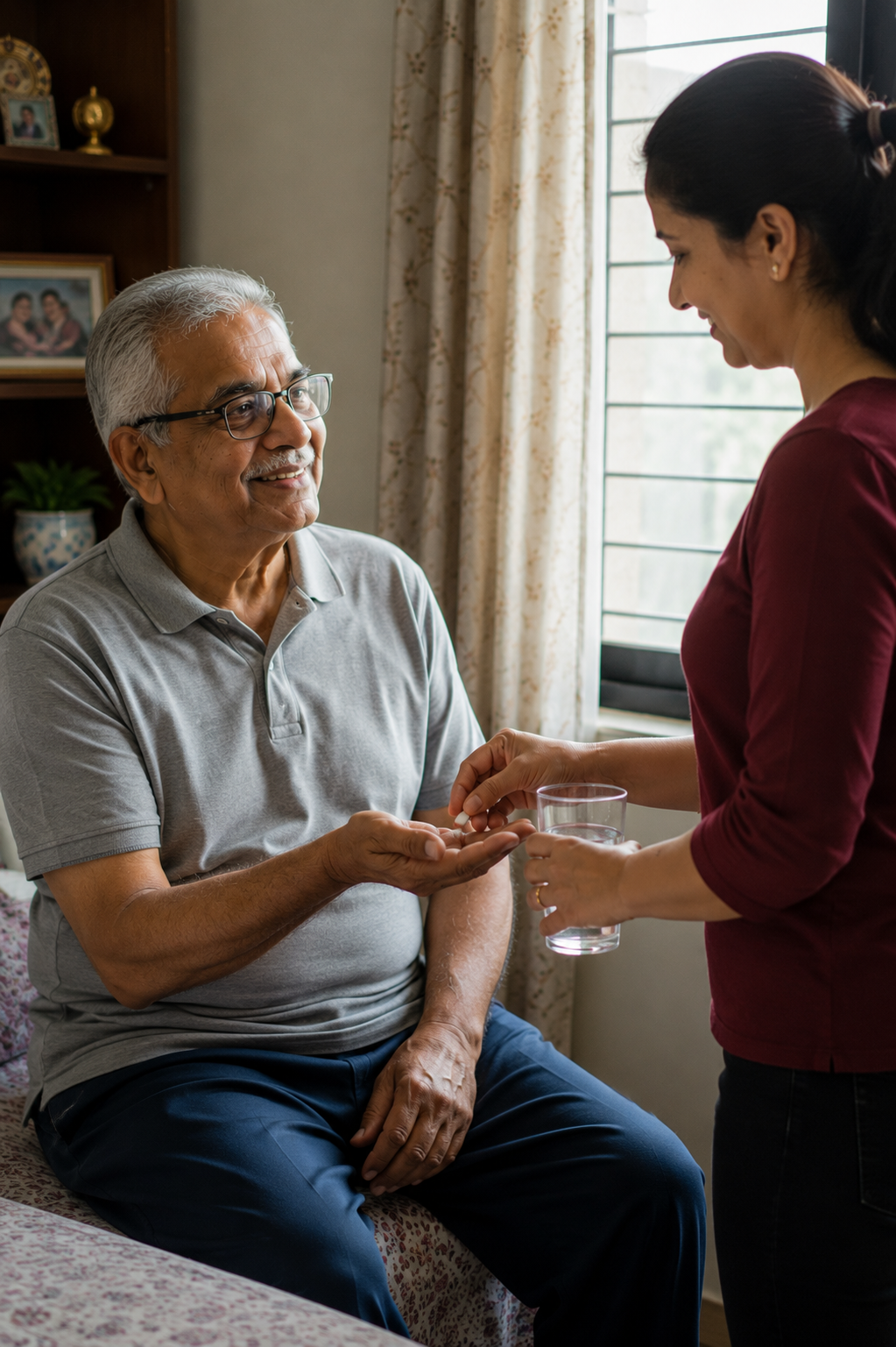 An adult daughter helping her elderly mother with her daily medicines at home