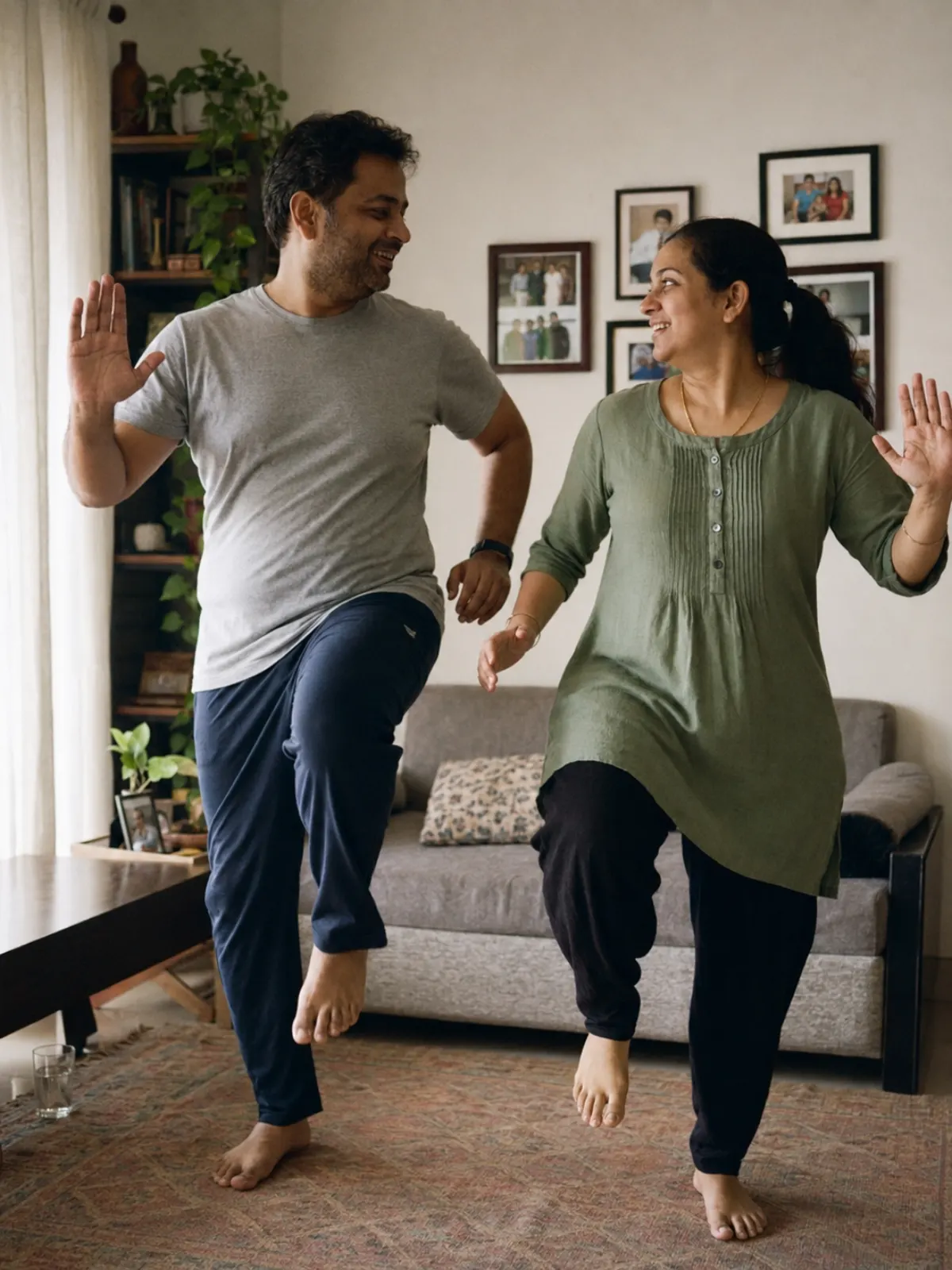 An Indian couple practicing gentle aerobics together in their living room, mid-step and laughing