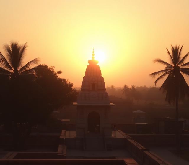 A temple shikhara at golden hour