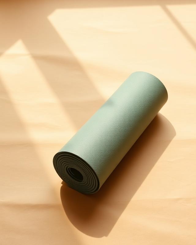 A rolled yoga mat resting in soft morning light